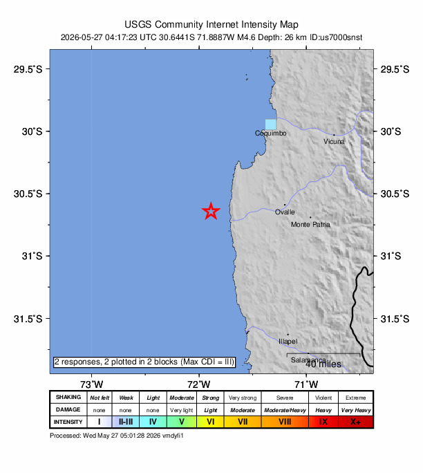 USGS DYFI community-reported intensity map for the M4.6 earthquake near 66 km W of Ovalle, Chile