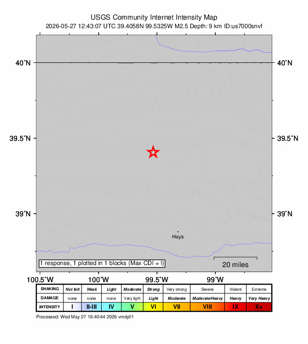USGS DYFI community-reported intensity map for the M2.5 earthquake near 10 km NNE of Damar, Kansas