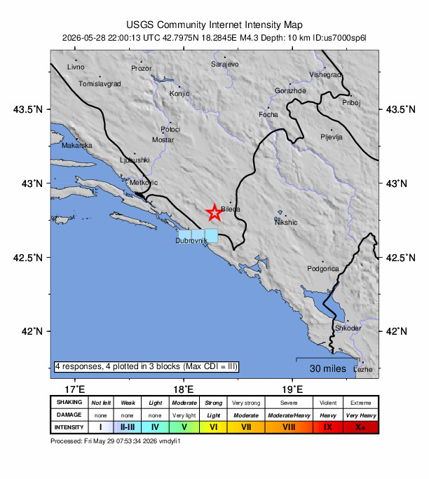 USGS DYFI community-reported intensity map for the M4.3 earthquake near 10 km NNW of Trebinje, Bosnia and Herzegovina