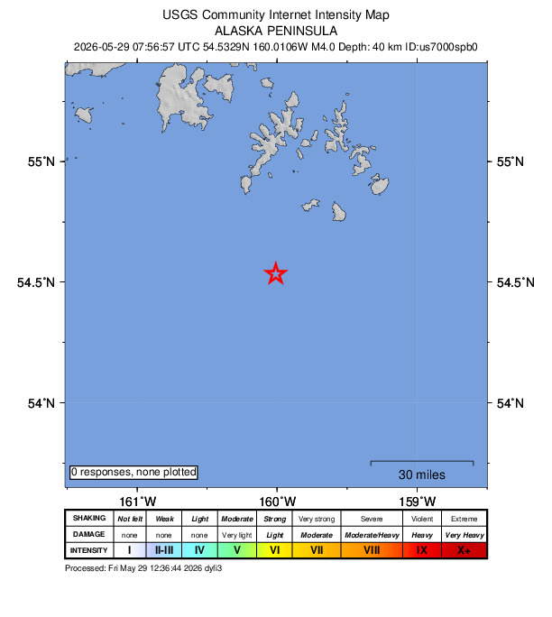 USGS DYFI community-reported intensity map for the M4.0 earthquake near 94 km SSE of Sand Point, Alaska