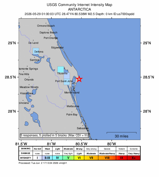 USGS DYFI community-reported intensity map for the M2.5 earthquake near Blue Origin New Glenn rocket explosion