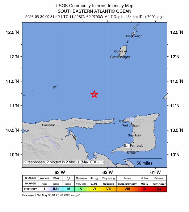 USGS DYFI community-reported intensity map for the M4.7 earthquake near 72 km N of Güiria, Venezuela