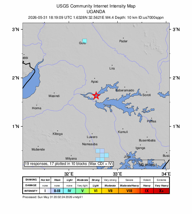 USGS DYFI community-reported intensity map for the M4.4 earthquake near 37 km NNE of Nakasongola, Uganda