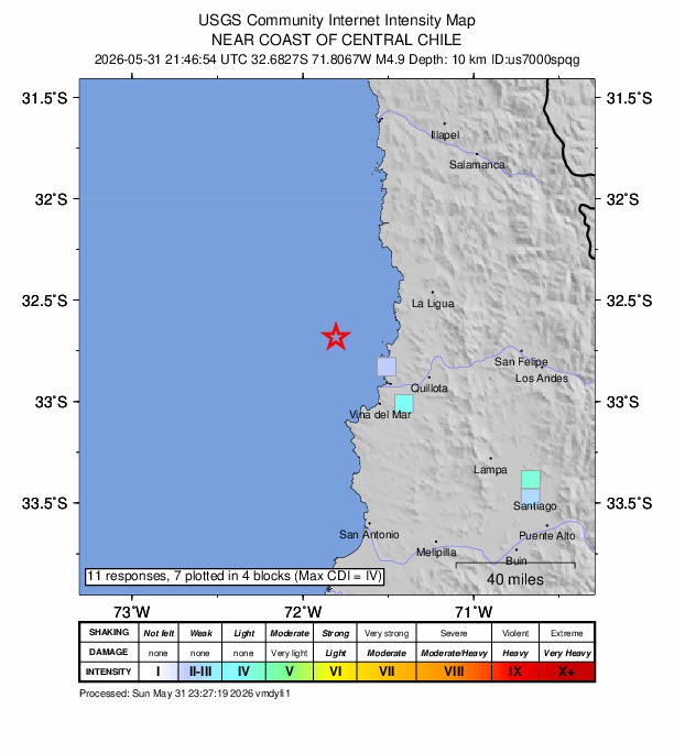 USGS DYFI community-reported intensity map for the M4.9 earthquake near 42 km NNW of Valparaíso, Chile