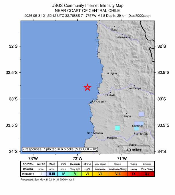 USGS DYFI community-reported intensity map for the M4.8 earthquake near 30 km NNW of Valparaíso, Chile
