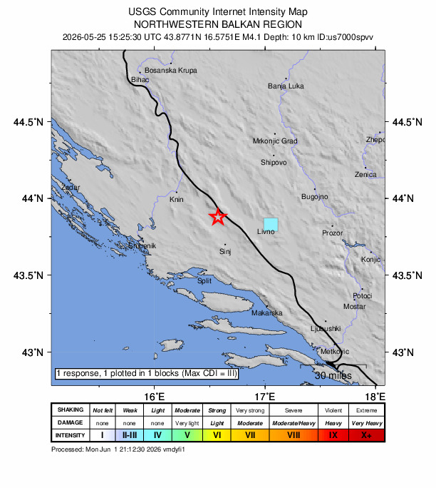 USGS DYFI community-reported intensity map for the M4.1 earthquake near 13 km NNW of Hrvace, Croatia