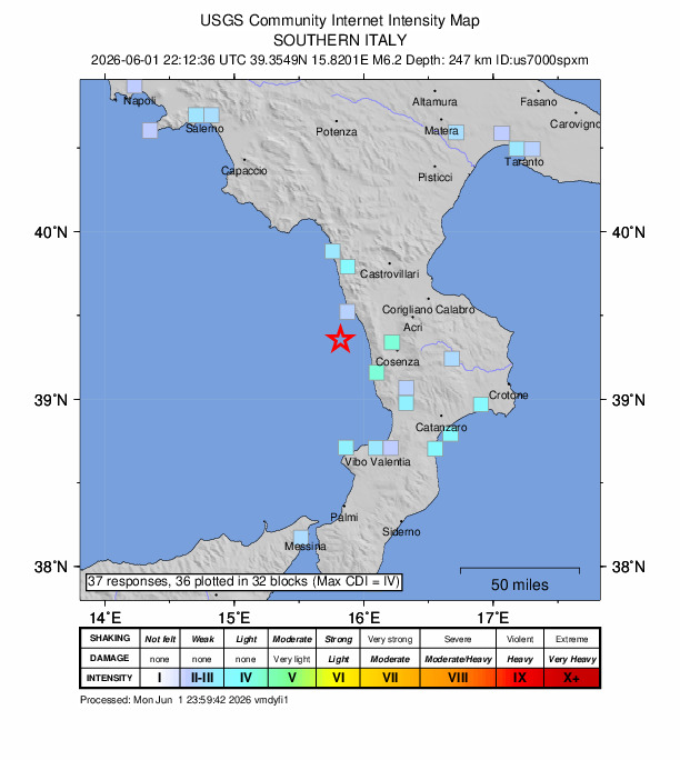 USGS DYFI community-reported intensity map for the M6.2 earthquake near 17 km WSW of Scarcelli, Italy