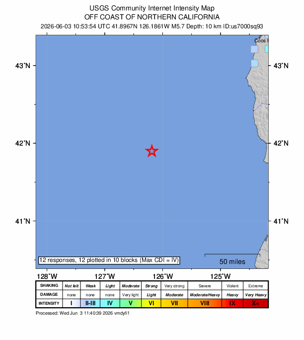 USGS DYFI community-reported intensity map for the M5.7 earthquake near 154 km WSW of Pistol River, Oregon
