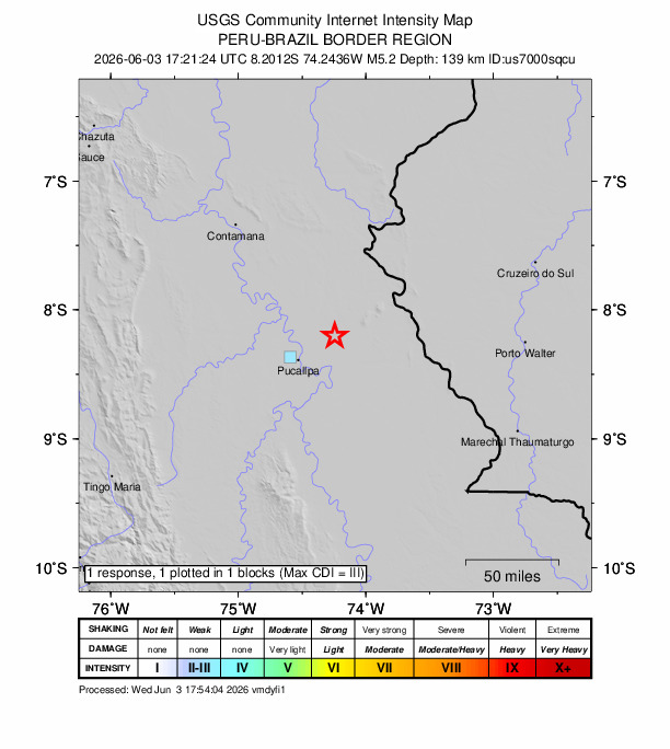 USGS DYFI community-reported intensity map for the M5.2 earthquake near 39 km NE of San Fernando, Peru