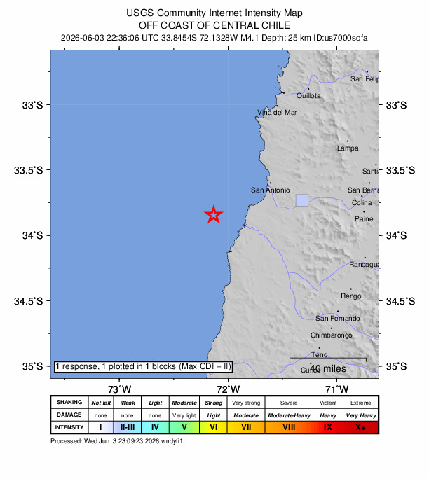 USGS DYFI community-reported intensity map for the M4.1 earthquake near 56 km WSW of San Antonio, Chile