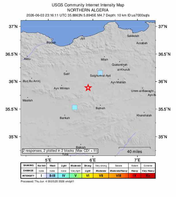 USGS DYFI community-reported intensity map for the M4.7 earthquake near 12 km NW of Draa Klalouche, Algeria