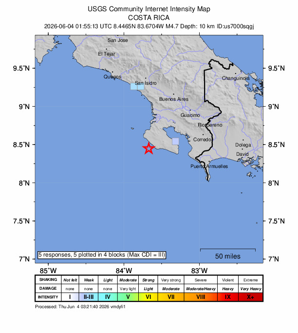 USGS DYFI community-reported intensity map for the M4.7 earthquake near 59 km SSW of Puerto Cortés, Costa Rica