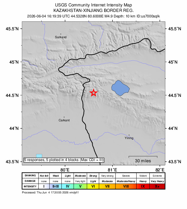 USGS DYFI community-reported intensity map for the M4.9 earthquake near 57 km NNW of Huocheng, China