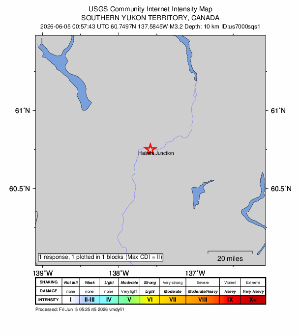 USGS DYFI community-reported intensity map for the M3.2 earthquake near 138 km W of Whitehorse, Canada