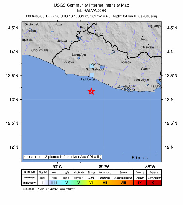USGS DYFI community-reported intensity map for the M4.8 earthquake near 35 km S of La Libertad, El Salvador