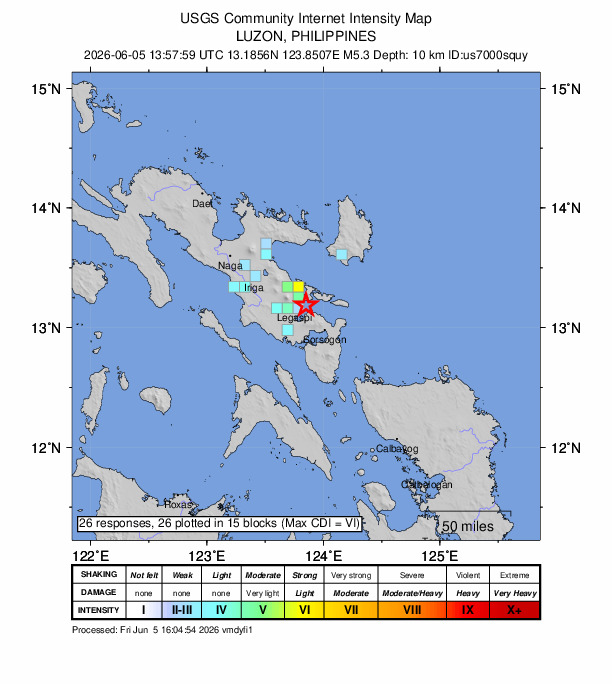 USGS DYFI community-reported intensity map for the M5.3 earthquake near 7 km NNW of Manito, Philippines
