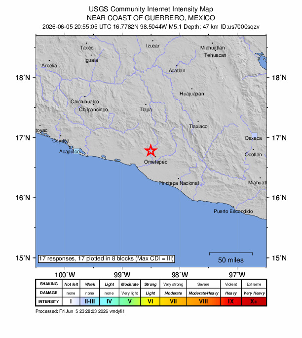 USGS DYFI community-reported intensity map for the M5.1 earthquake near 0 km SSW of Quetzalapa, Mexico