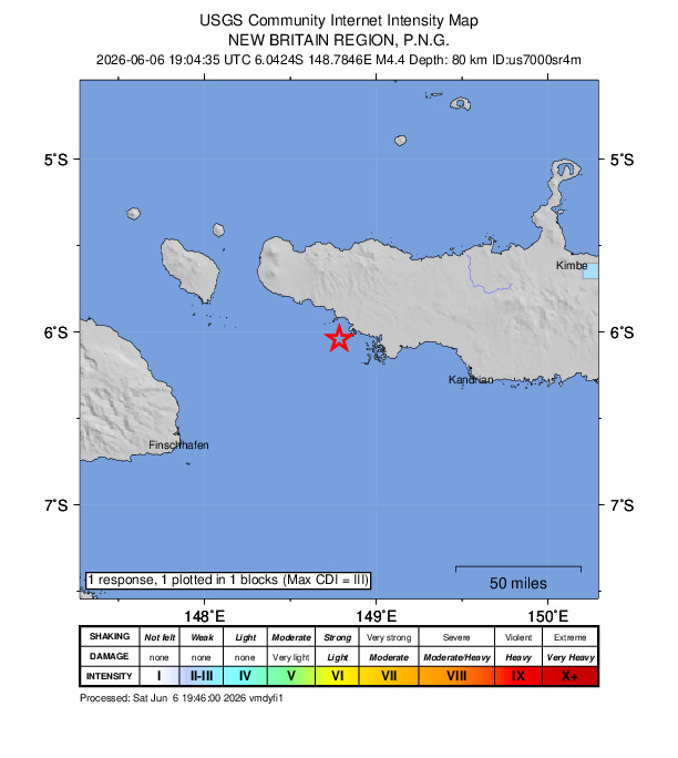 USGS DYFI community-reported intensity map for the M4.4 earthquake near 86 km WNW of Kandrian, Papua New Guinea