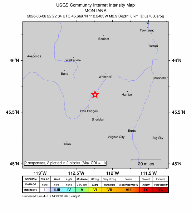 USGS DYFI community-reported intensity map for the M2.9 earthquake near 15 km NNE of Twin Bridges, Montana