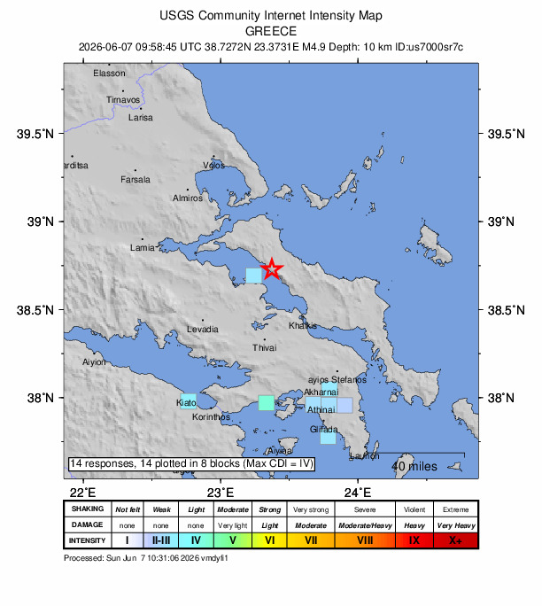 USGS DYFI community-reported intensity map for the M4.9 earthquake near 6 km SE of Límni, Greece