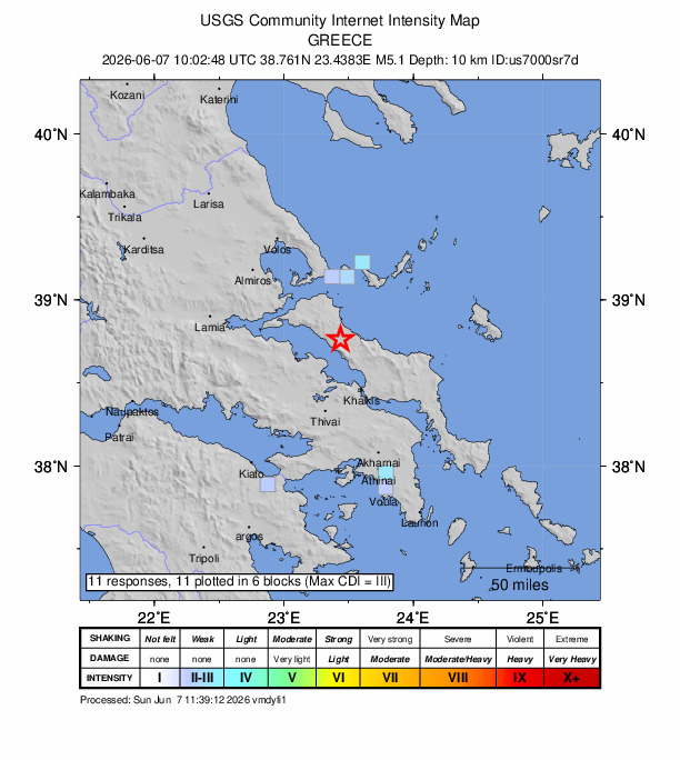 USGS DYFI community-reported intensity map for the M5.1 earthquake near 5 km WNW of Prokópi, Greece