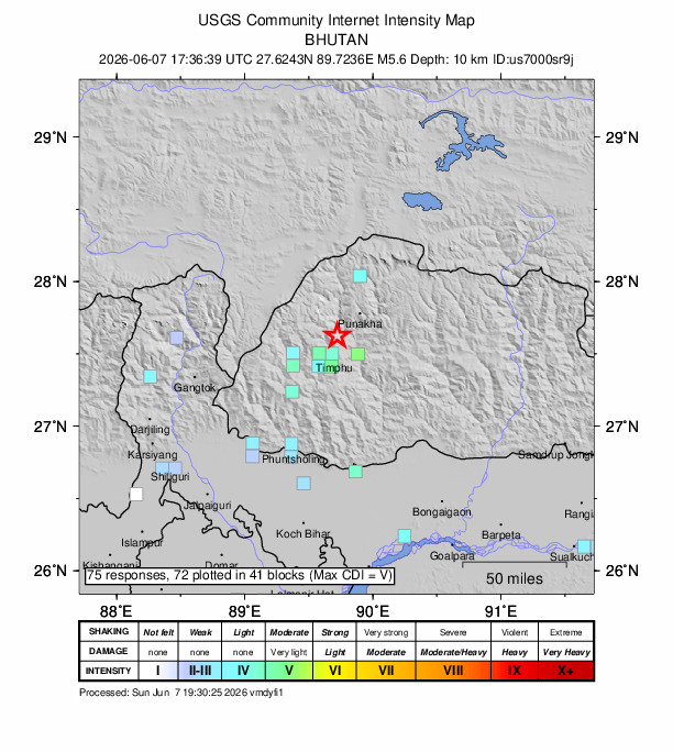 USGS DYFI community-reported intensity map for the M5.6 earthquake near 15 km WNW of Punākha, Bhutan