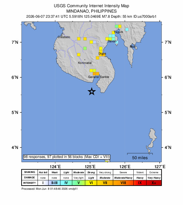 USGS DYFI community-reported intensity map for the M7.8 earthquake near 26 km SW of Kablalan, Philippines