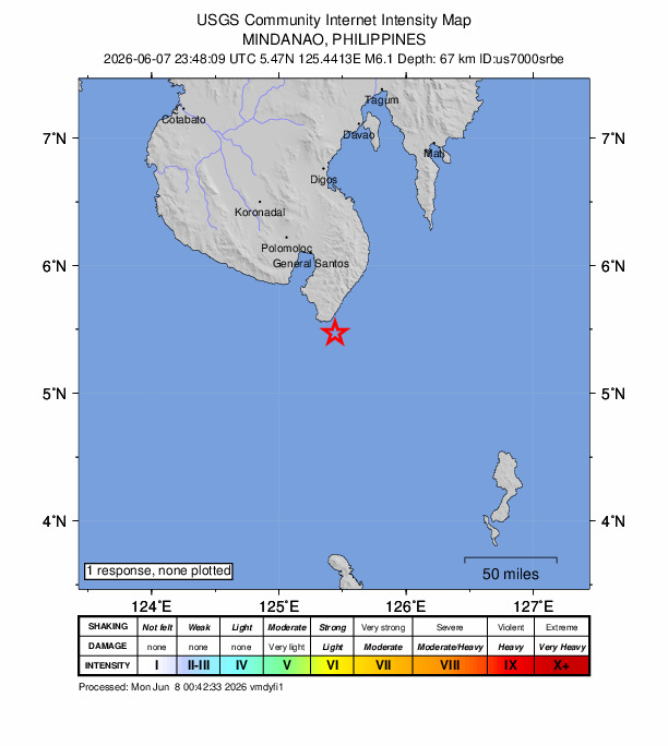 USGS DYFI community-reported intensity map for the M6.1 earthquake near 7 km NNW of Sarangani, Philippines