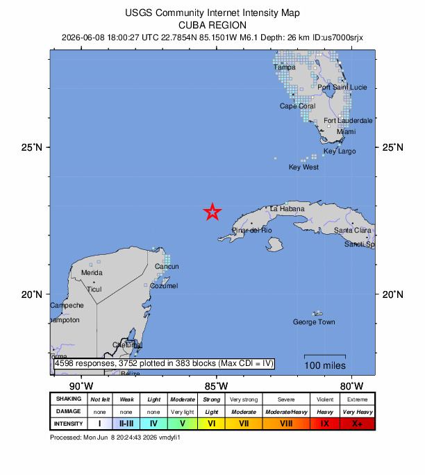 USGS DYFI community-reported intensity map for the M6.1 earthquake near 104 km WNW of Mantua, Cuba