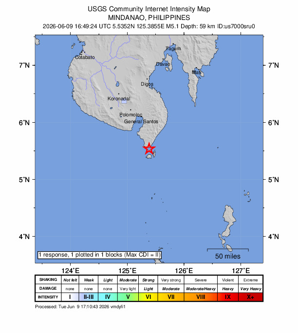 USGS DYFI community-reported intensity map for the M5.1 earthquake near 4 km SSW of Bukid, Philippines