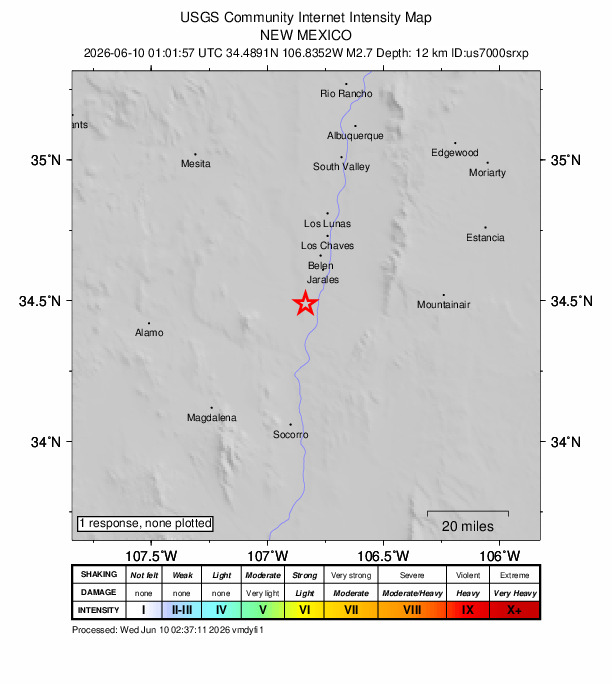 USGS DYFI community-reported intensity map for the M2.7 earthquake near 3 km NW of Abeytas, New Mexico