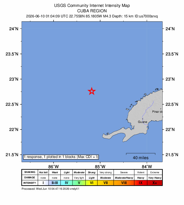 USGS DYFI community-reported intensity map for the M4.3 earthquake near 105 km WNW of Mantua, Cuba