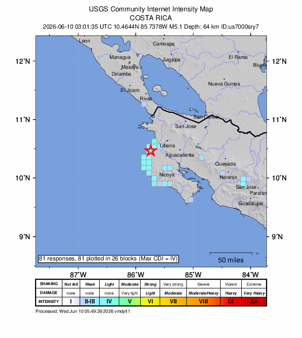 USGS DYFI community-reported intensity map for the M5.1 earthquake near 11 km WSW of Sardinal, Costa Rica