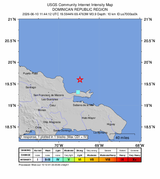 USGS DYFI community-reported intensity map for the M3.9 earthquake near 32 km NNE of Las Terrenas, Dominican Republic