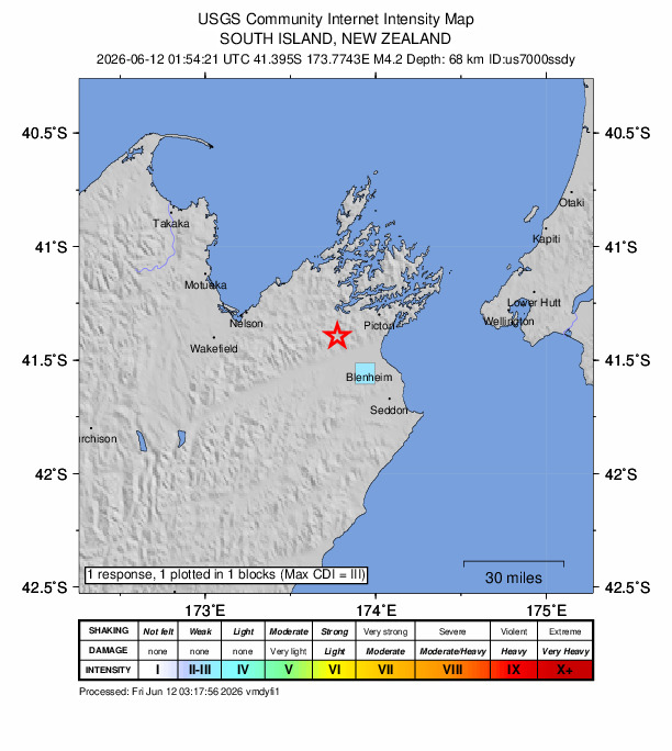 USGS DYFI community-reported intensity map for the M4.2 earthquake near 12 km NNW of Renwick, New Zealand