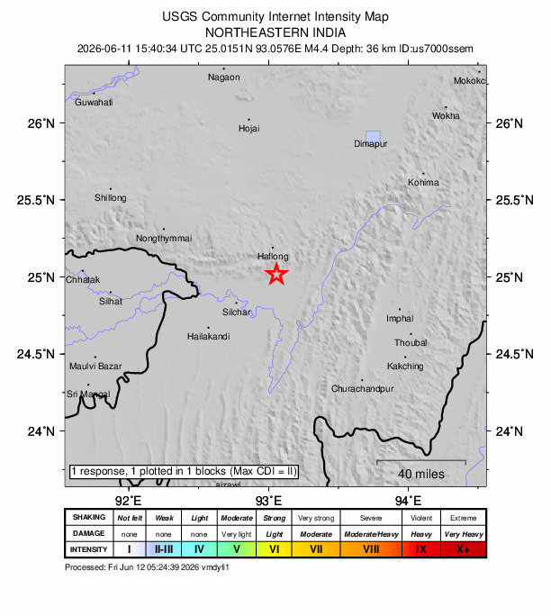 USGS DYFI community-reported intensity map for the M4.4 earthquake near 17 km SSE of Hāflong, India