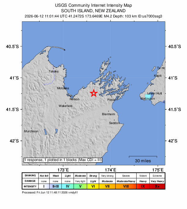 USGS DYFI community-reported intensity map for the M4.2 earthquake near 27 km E of Marybank, New Zealand