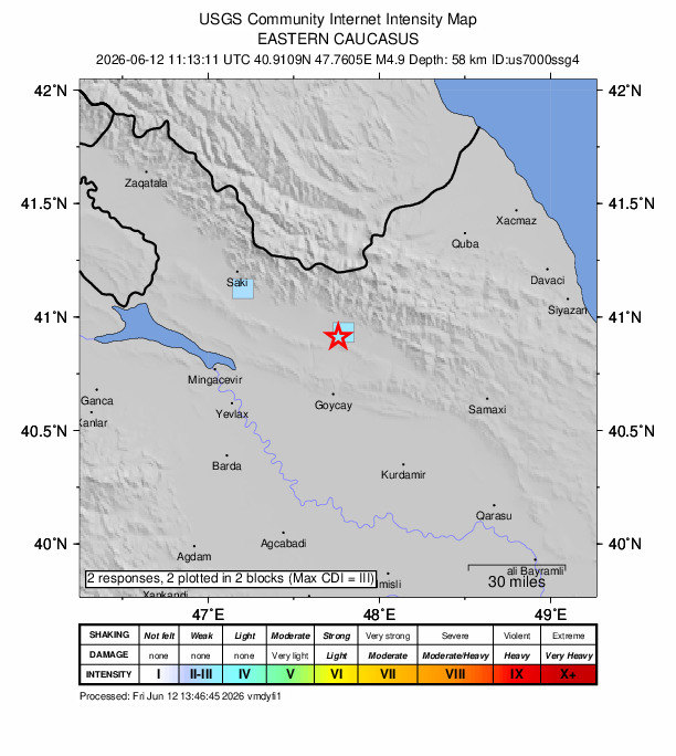 USGS DYFI community-reported intensity map for the M4.9 earthquake near 10 km SW of Qutqashen, Azerbaijan