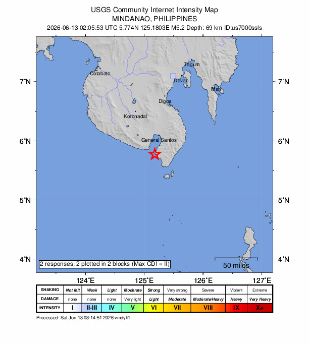 USGS DYFI community-reported intensity map for the M5.2 earthquake near 2 km WSW of Kablalan, Philippines