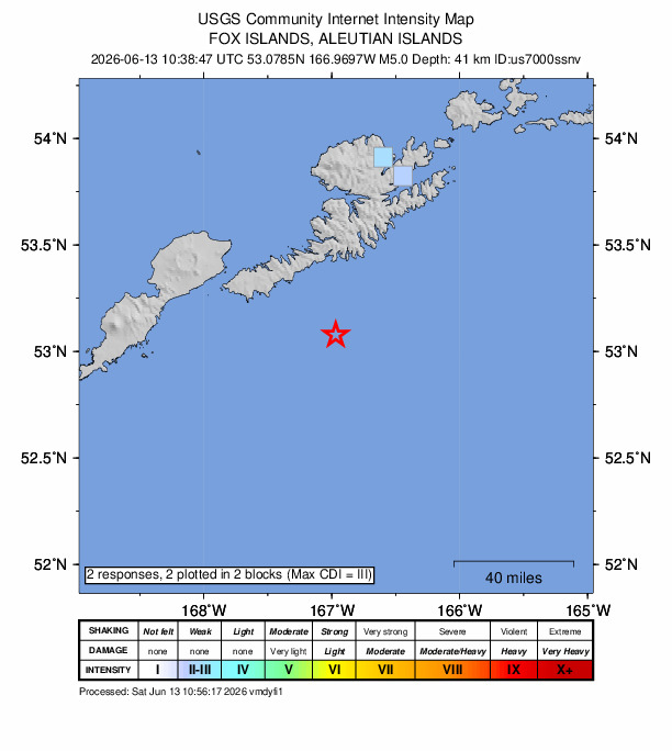 USGS DYFI community-reported intensity map for the M5.0 earthquake near 93 km SSW of Unalaska, Alaska