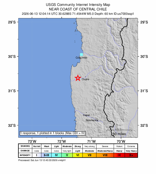 USGS DYFI community-reported intensity map for the M5.0 earthquake near 24 km W of Ovalle, Chile