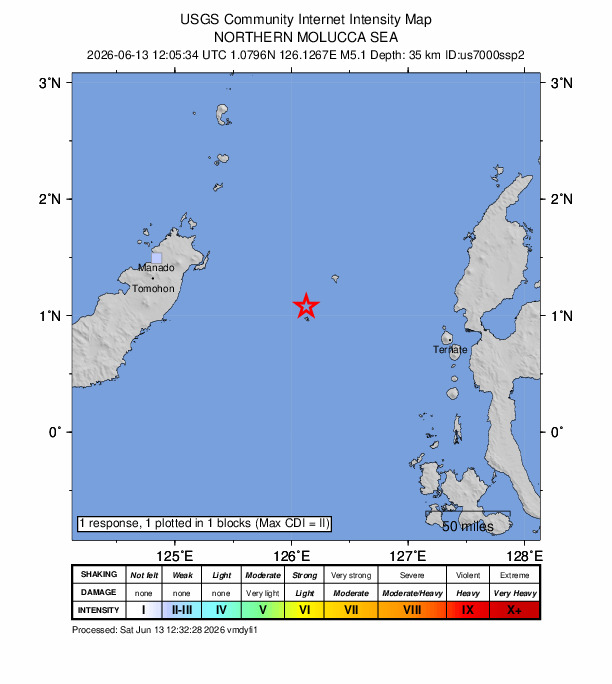 USGS DYFI community-reported intensity map for the M5.1 earthquake near 118 km ESE of Bitung, Indonesia