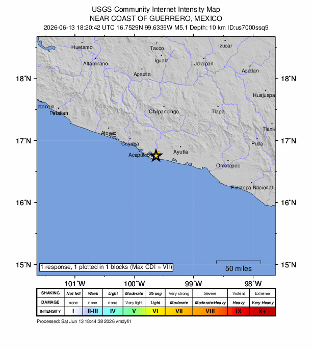 USGS DYFI community-reported intensity map for the M5.1 earthquake near 2 km S of Cerro de Piedra, Mexico