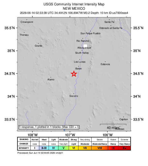 USGS DYFI community-reported intensity map for the M3.2 earthquake near 8 km WNW of Abeytas, New Mexico