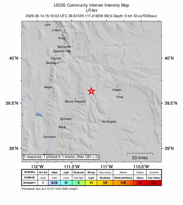USGS DYFI community-reported intensity map for the M2.6 earthquake near 5 km WSW of Clear Creek, Utah