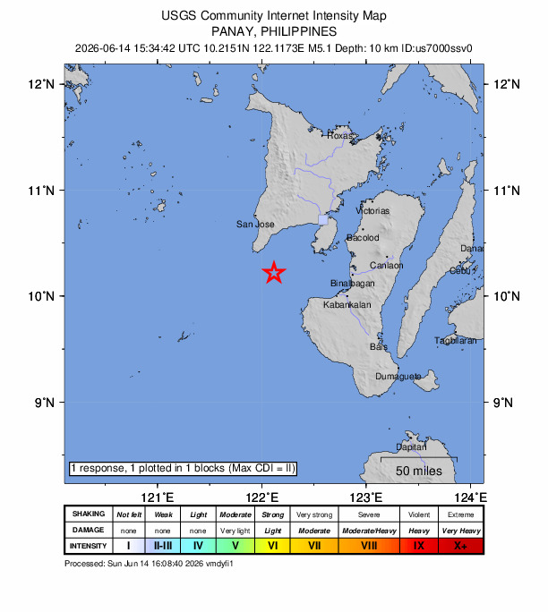 USGS DYFI community-reported intensity map for the M5.1 earthquake near 27 km SE of Magdalena, Philippines