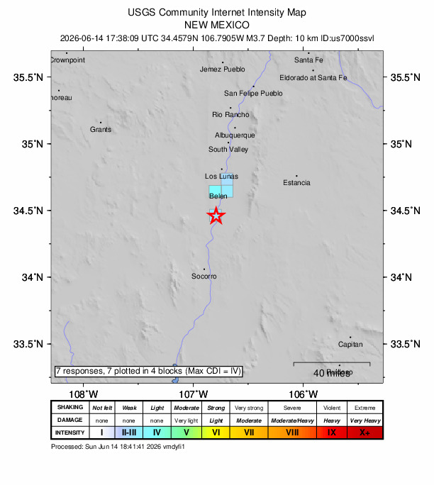 USGS DYFI community-reported intensity map for the M3.7 earthquake near 2 km ESE of Abeytas, New Mexico