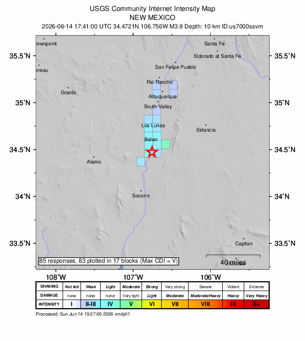 USGS DYFI community-reported intensity map for the M3.9 earthquake near 1 km ESE of Las Nutrias, New Mexico