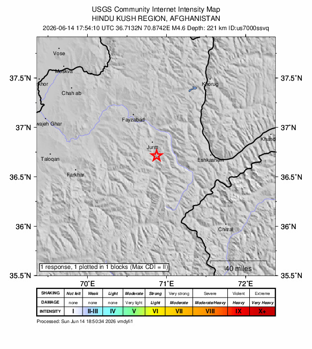 USGS DYFI community-reported intensity map for the M4.6 earthquake near 17 km SSE of Jurm, Afghanistan