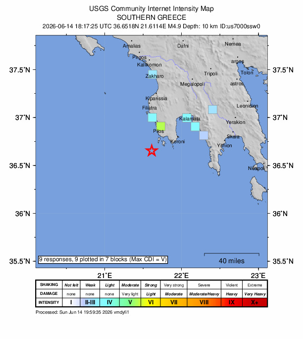 USGS DYFI community-reported intensity map for the M4.9 earthquake near 20 km SSW of Methóni, Greece